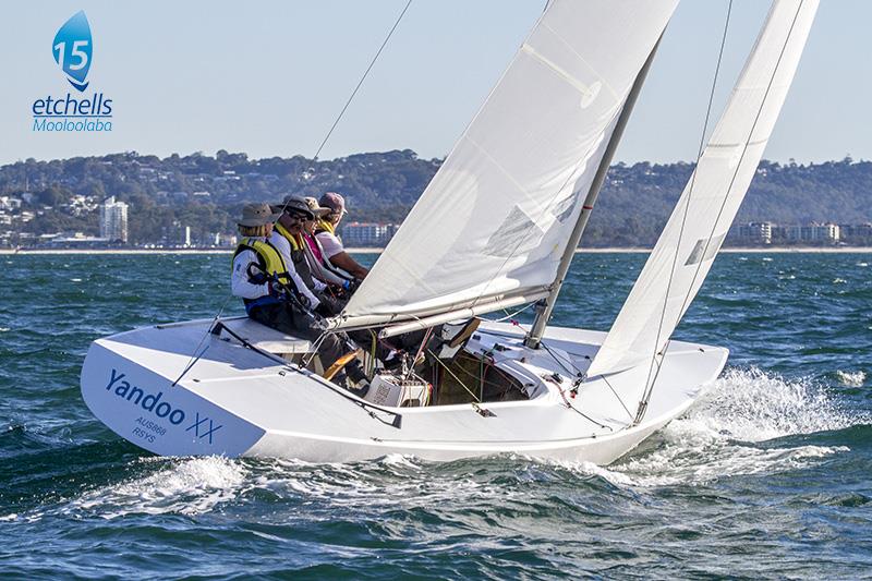 Yandoo XX's Jeanne-Claude Strong, Neville Wittey, Tiana Wittey and Marcus Burke lead after day 1 of the Marinepool Etchells Australasian Championship  photo copyright Teri Dodds taken at Mooloolaba Yacht Club and featuring the Etchells class