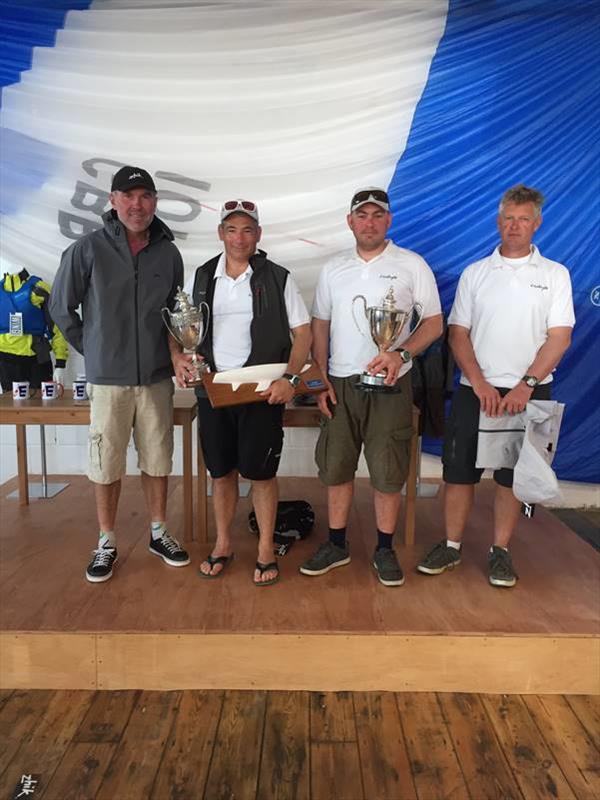 (l to r) Andrew Palfrey presents prizes to winners Shaun Frohlich, Duncan Truswell and David Bedford photo copyright Rob Goddard taken at Royal London Yacht Club and featuring the Etchells class