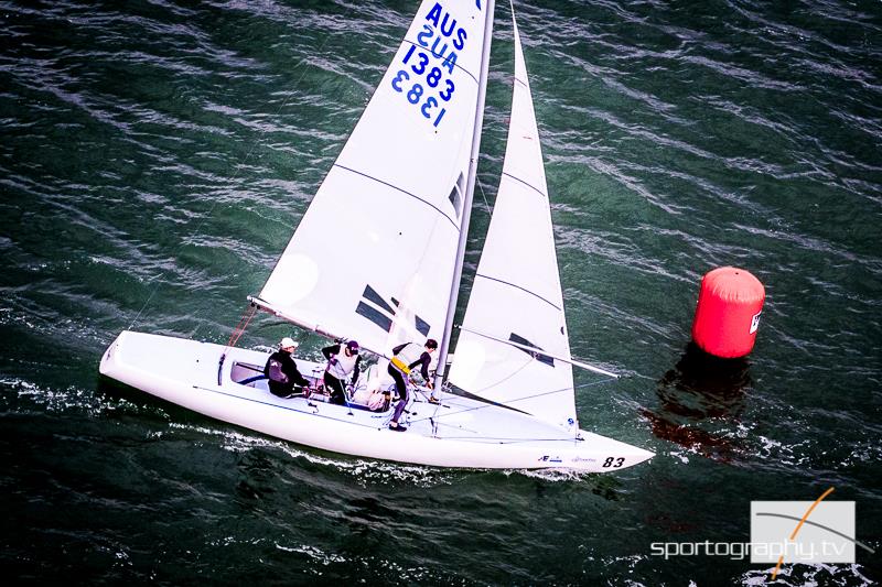 John Bertrand, racing with Paul Blowers and Ben Lamb, is top performer on day 1 of the Etchells Worlds in Cowes - photo © Alex Irwin / www.sportography.tv