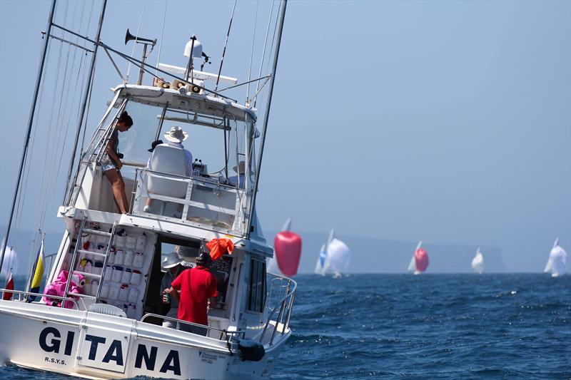 The pin boat taking on the rolling swell waiting for the fleet to reach the gates on day 1 of the 2017 Etchells Australian Championship at Royal Prince Alfred YC photo copyright Stephen Collopy / RPAYC taken at Royal Prince Alfred Yacht Club and featuring the Etchells class