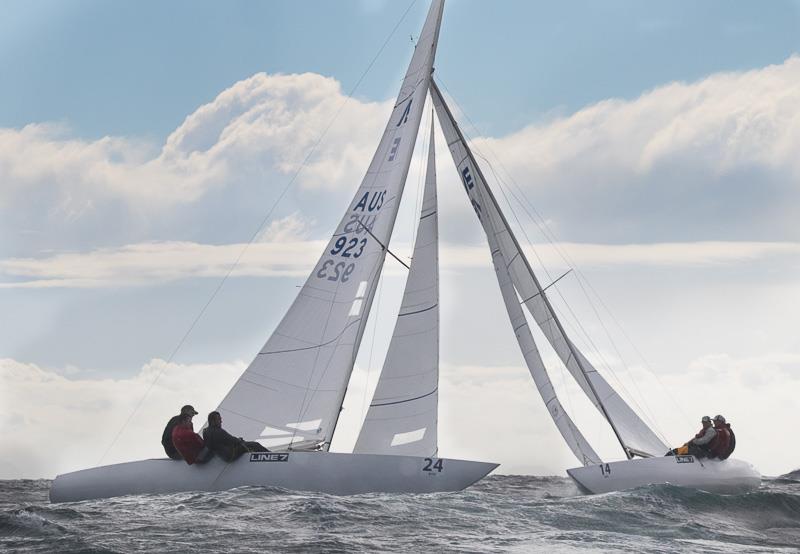 Racer X out of Hong Kong have the starboard tack rights over Adolescence, on the way to the weather mark for the first time in Race Four on day 2 of the Line 7 Etchells Australasian Championship at Mooloolaba photo copyright Alex McKinnon Photography taken at Mooloolaba Yacht Club and featuring the Etchells class