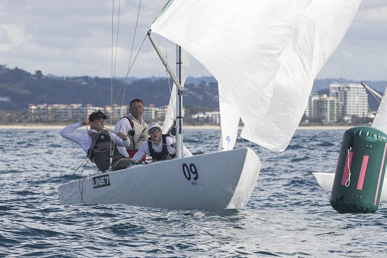 Event Organiser, Trevor Martin, with local youth sailors of serious note, James Hodgeson and Mitch Kennedy in the Line 7 Etchells Australasian Championship at Mooloolaba photo copyright Alex McKinnon Photography taken at Mooloolaba Yacht Club and featuring the Etchells class