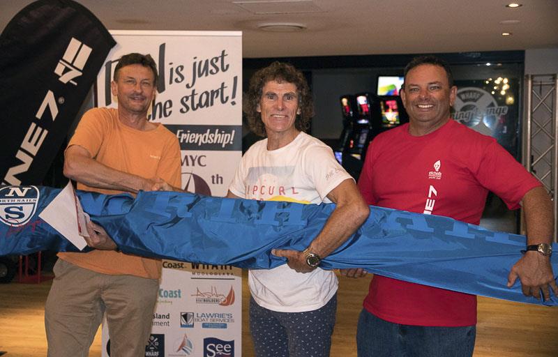 (l-r) Michael Coxon of North Sails, Simon Ellis of Mojo who won the North Sails jib, and Event Organiser, Trevor Martin in the Line 7 Etchells Australasian Championship at Mooloolaba - photo © Alex McKinnon Photography