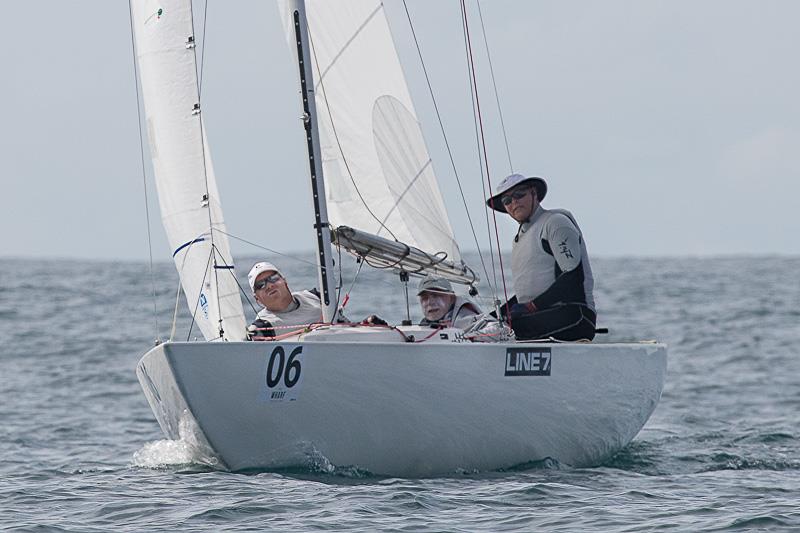 (l-r) Myles Baron-Hay, Peter Hillier and Peter Conde on, Encore, as they went about ‘owning' Race Seven today in the Line 7 Etchells Australasian Championship at Mooloolaba photo copyright Alex McKinnon Photography taken at Mooloolaba Yacht Club and featuring the Etchells class