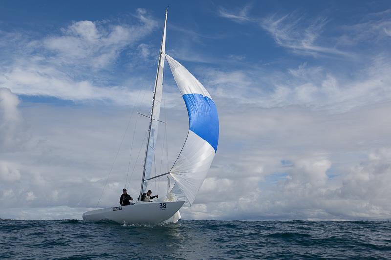 Entourage (Sean Kirkjean, Peter Bevis and Shane Guanaria) heading back downwind atop one of the big swells out there on the final day of the Line 7 Etchells Australasian Championship at Mooloolaba - photo © Alex McKinnon Photography