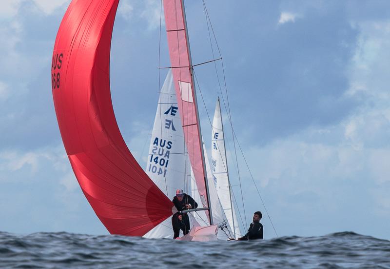 Yandoo XX setting up for the gybe with Great White Hunter in behind them on the final day of the Line 7 Etchells Australasian Championship at Mooloolaba - photo © Alex McKinnon Photography