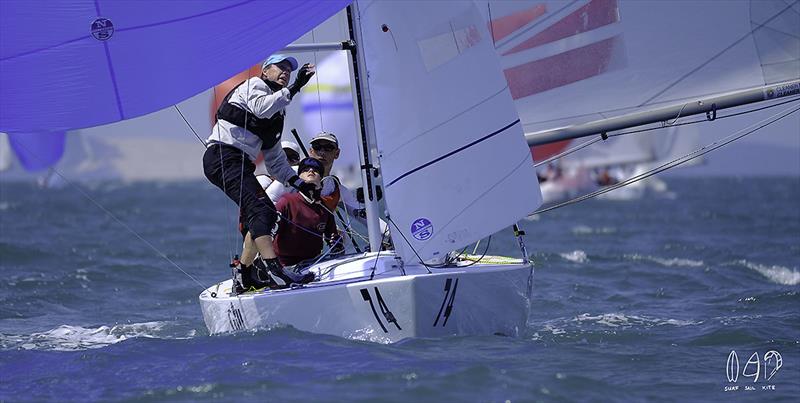 At work on The Cure on day 5 of the 2018 Etchells World Championship photo copyright Mitchell Pearson / SurfSailKite taken at Royal Queensland Yacht Squadron and featuring the Etchells class