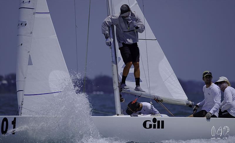 Stella Blue demonstrating some of their secret winning ways on day 5 of the 2018 Etchells World Championship photo copyright Mitchell Pearson / SurfSailKite taken at Royal Queensland Yacht Squadron and featuring the Etchells class
