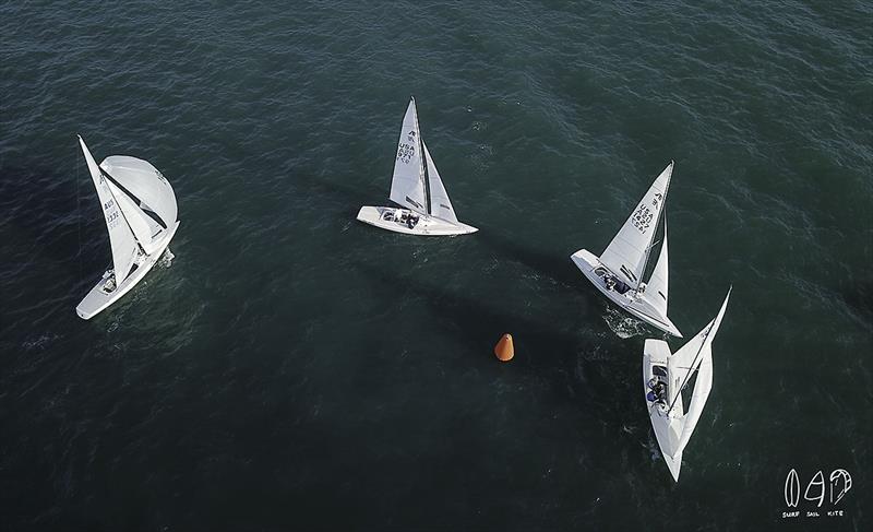 Leeward mark rounding, as seen by the drone on day 5 of the 2018 Etchells World Championship photo copyright Mitchell Pearson / SurfSailKite taken at Royal Queensland Yacht Squadron and featuring the Etchells class