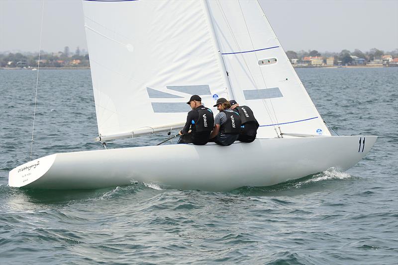 Billy Merrington, Ian McKillop, and Steve Jarvin tuning up before racing on day 2 of the 2020 Etchells Australian Championship photo copyright John Curnow taken at Royal Brighton Yacht Club and featuring the Etchells class