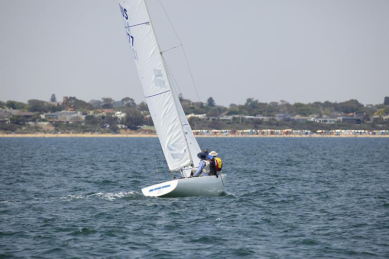 Mid Gybe Crisis with Brighton's iconic beach boxes in the background on day 2 of the 2020 Etchells Australian Championship - photo © John Curnow