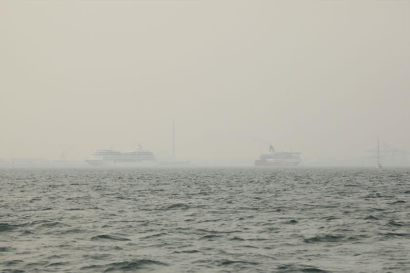 A cruise liner and the Spirit of Tasmania demonstrate just how poor the visibility can get on day 2 of the 2020 Etchells Australian Championship - photo © John Curnow