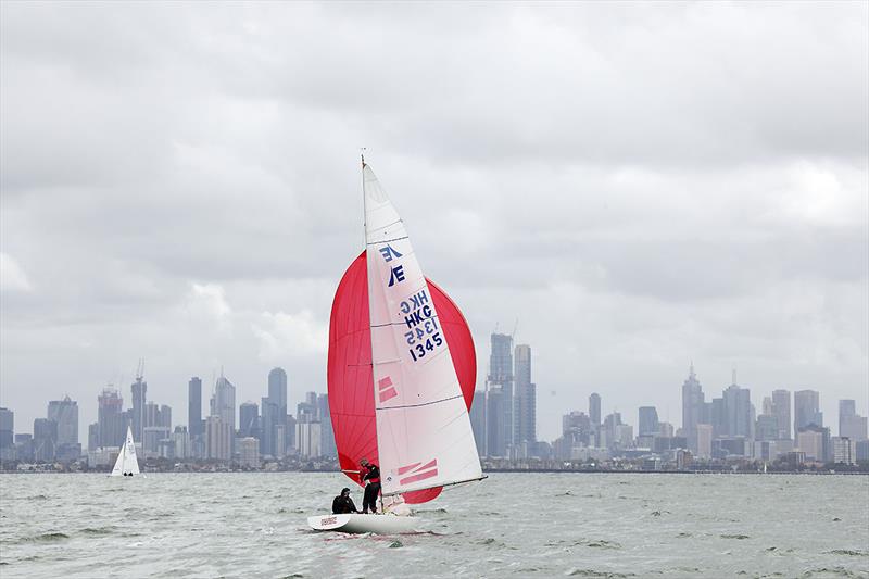 Eliza Ewart is just 17 and helms Conspiracy, with her father Cam on main and Stuart Bloom on the bow on day 1 of the 2020 Etchells Victorian State Championship photo copyright John Curnow taken at Royal Brighton Yacht Club and featuring the Etchells class