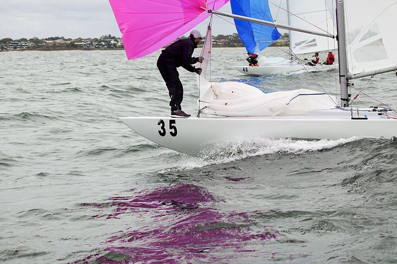 Battle on the bow - Seve Jarvin on Flying High in the foreground and Tom Slingsby on Magpie in the background on day 1 of the 2020 Etchells Victorian State Championship photo copyright John Curnow taken at Royal Brighton Yacht Club and featuring the Etchells class