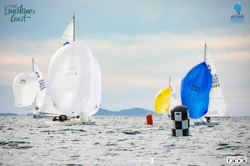 Ciao and First Tracks Match Race into the finish of Race 4 on day 2 of the Etchells Australian Nationals photo copyright Nic Douglass / www.AdventuresofaSailorGirl.com taken at Mooloolaba Yacht Club and featuring the Etchells class