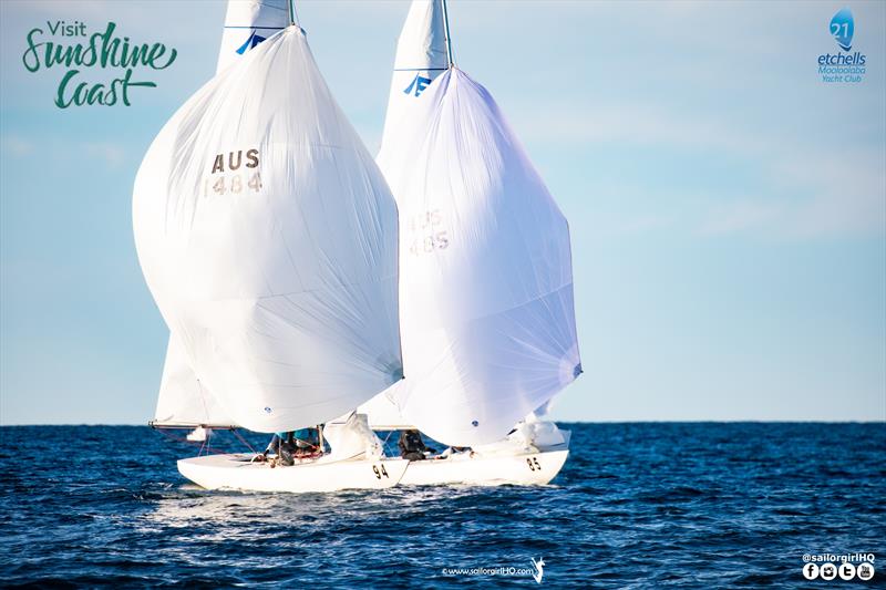 Match Racing between the two leaders Merrington and Hill on day 3 of the Etchells Australian Nationals photo copyright Nic Douglass / www.AdventuresofaSailorGirl.com taken at Mooloolaba Yacht Club and featuring the Etchells class