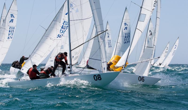 Day 1 – Top mark rounding – Etchells Australian Championship at Fremantle photo copyright Ron Jensen taken at Royal Perth Yacht Club and featuring the Etchells class