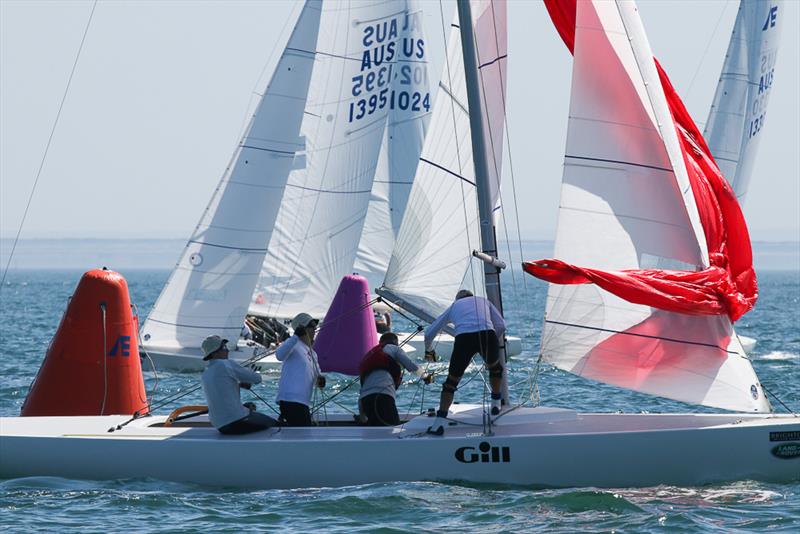 Dawn Raid - Skippered by John Collingwood and crewed by Ian Johnson and Tim Ede. With a 3rd and 7th they are currently in 2nd place overall photo copyright Alex McKinnon Photography taken at Royal Brighton Yacht Club and featuring the Etchells class