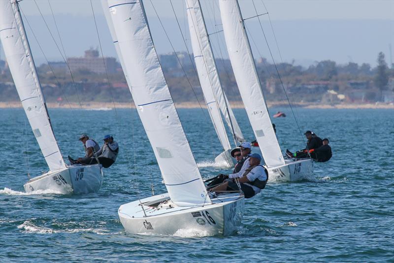 Dawn Raid leading  Iain Murray's Northern Havoc and Tom King's Iron Lotus to the top mark in the second race for the first time photo copyright Alex McKinnon Photography taken at Royal Brighton Yacht Club and featuring the Etchells class