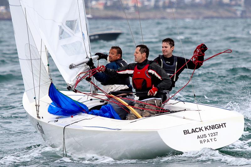 All hands on deck. Black Knight Skippered by Stuart Bloom and crewed by Justin Strickland and James Bacon photo copyright Alex McKinnon Photography taken at Royal Brighton Yacht Club and featuring the Etchells class