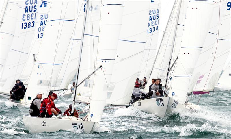 Fast Forward (Bow #18 AUS 865) skippered by Kenneth McBriar and crewed by Tony Bond and Jeff Casley lead this group of Etchells to the hitch or clearance mark photo copyright Alex McKinnon Photography taken at Royal Brighton Yacht Club and featuring the Etchells class