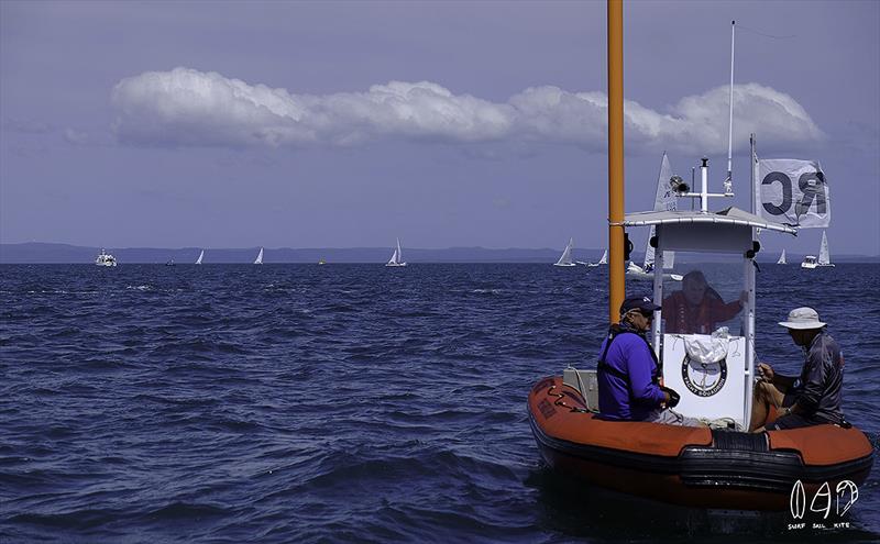 1.2km long start line with the Northerly pin boat in the foreground, the Committee Boat in the middle and the Southerly pin boat only identifiable by the big yellow marker it is carrying - 2018 Etchells World Championship photo copyright Mitch Pearson / SurfSailKite taken at Royal Queensland Yacht Squadron and featuring the Etchells class