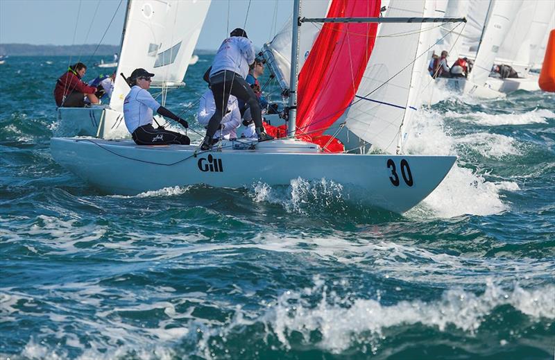 Rogue (Robin Row, Sam Johnson, Gregory Doolan, and Kate Baisden) setting up for the spinnaker hoist photo copyright John Curnow taken at Royal Queensland Yacht Squadron and featuring the Etchells class