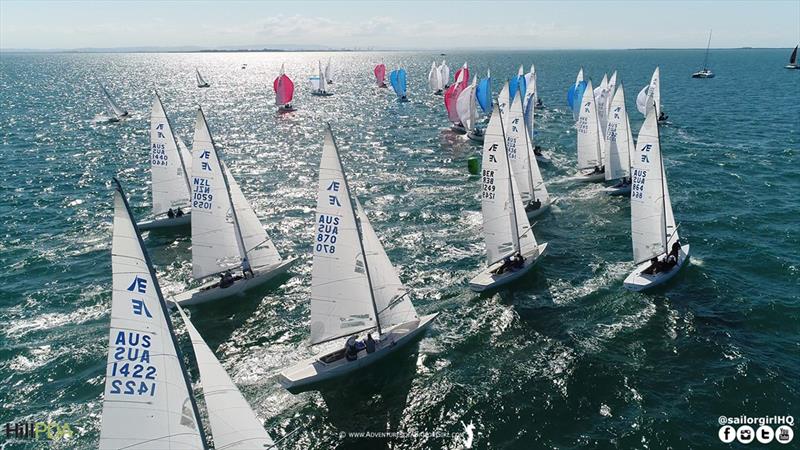 The fleet heads around the top mark on day two - 2018 Etchells World Championship - Day 2 photo copyright Nic Douglass / www.AdventuresofaSailorGirl.com taken at Royal Queensland Yacht Squadron and featuring the Etchells class