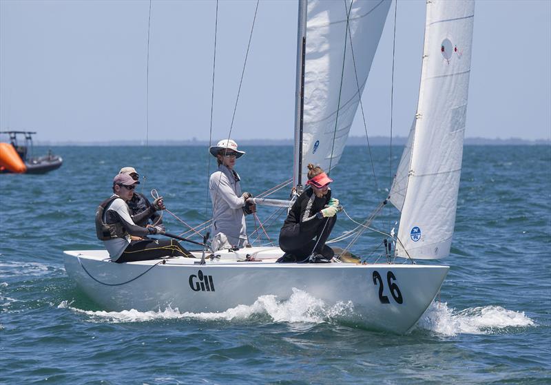 Youth sailors aboard Tumba Rumba (Simone Wood, Thomas Quigley, Adam Lavis and Samantha Costin) on day 1 of the Etchells Australian Championship photo copyright John Curnow taken at Royal Queensland Yacht Squadron and featuring the Etchells class