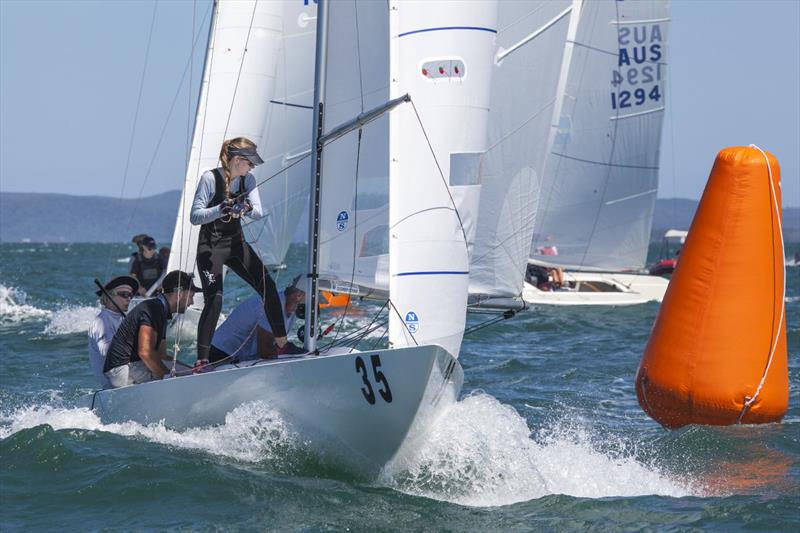 Kate Deveraux on the brace on 1435, with Jeanne-Claude helming, Seve Jarvin on the main, and Marcus Burke getting the spinnaker ready on day 2 of the Etchells Australian Championship photo copyright John Curnow taken at Royal Queensland Yacht Squadron and featuring the Etchells class