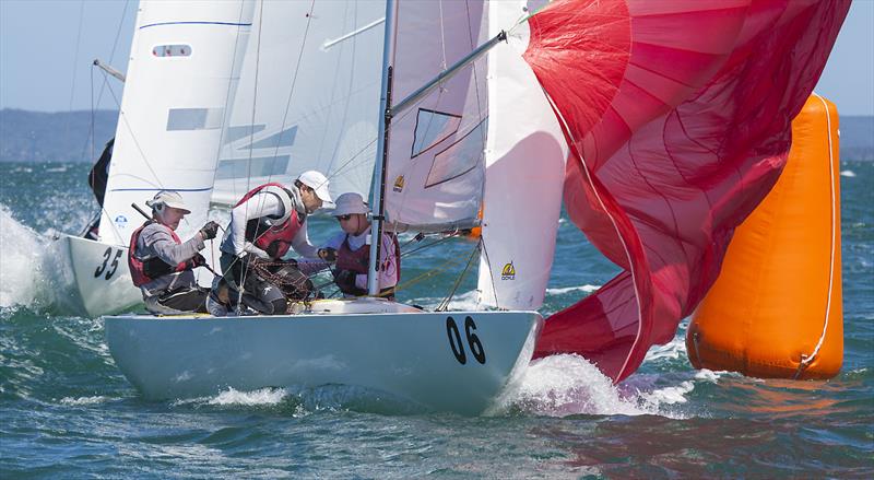 Peter McNeill, Kain Sinclair and Dean Blatchford on Iris V at the hitch mark on day 2 of the Etchells Australian Championship photo copyright John Curnow taken at Royal Queensland Yacht Squadron and featuring the Etchells class