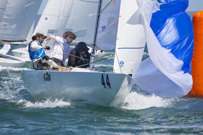 Just 2 Funny, James Hodgson, Trevor Martin, and Stuart Kennedy, getting the spinnaker set on day 2 of the Etchells Australian Championship photo copyright John Curnow taken at Royal Queensland Yacht Squadron and featuring the Etchells class