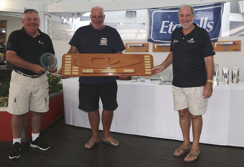 Mark Gallagher, Commodore RQYS, Iain Murray, and David Healey, Life Member IECCA photo copyright John Curnow taken at Royal Queensland Yacht Squadron and featuring the Etchells class
