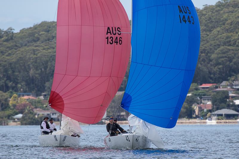 Avalon and Tango from Royal Brighton Yacht Club skippered by Chris Hampton and crewed by Sam Haines and Charlie Cumbley enjoying a close tussle photo copyright Alex McKinnon Photography taken at Gosford Sailing Club and featuring the Etchells class