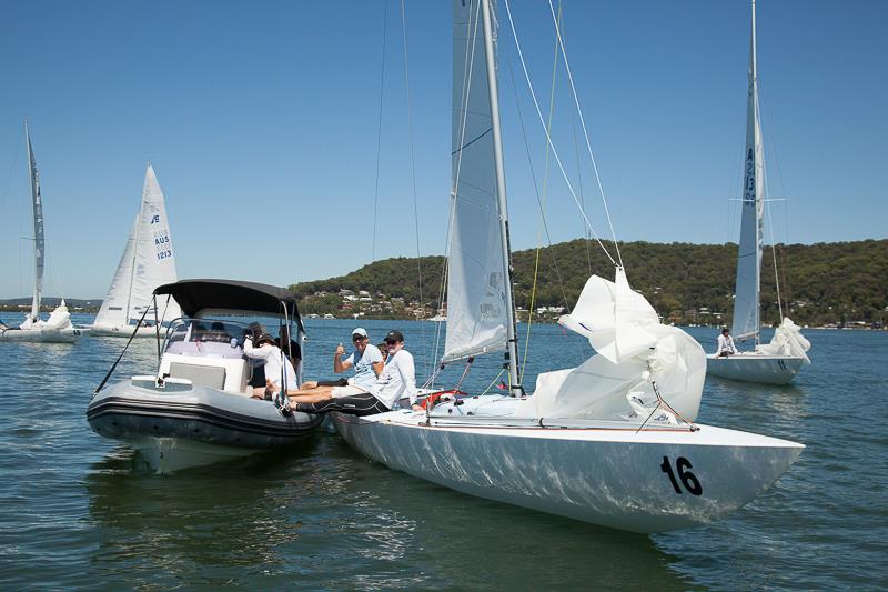 Magpie and the team relax with Havoc's crew while we wait for the wind to come in photo copyright Alex McKinnon Photography taken at Gosford Sailing Club and featuring the Etchells class