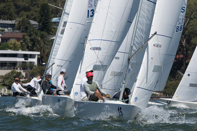 Ugly - Jonathan Harris as skipper and Bruce Swane and Trent Wiggins as crew just ahead of the Hong Hong boat Madness skippered by Charlie Manzoni and crewed by Tiger Mok, Peter Austin and Charlotte Gray photo copyright Alex McKinnon Photography taken at Gosford Sailing Club and featuring the Etchells class