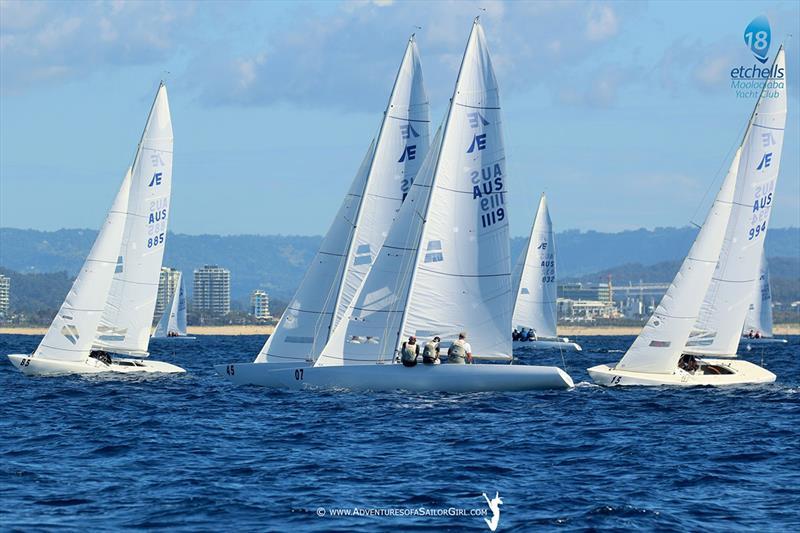 Fleet working their way up in glamour Mooloolaba conditions - Etchells Australasian Championship photo copyright Nic Douglass / www.AdventuresofaSailorGirl.com taken at Mooloolaba Yacht Club and featuring the Etchells class