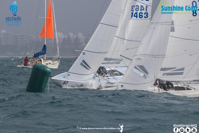 Matt Ramaley and Peter Conde battle to round the first mark in race 3 - Etchells Australasians photo copyright Nic Douglass / www.AdventuresofaSailorGirl.com taken at Mooloolaba Yacht Club and featuring the Etchells class