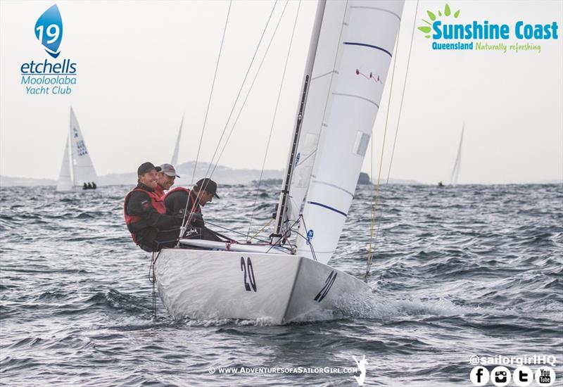 All smiles on board Magpie after taking the lead in race six - 2019 Etchells Australasian Championship photo copyright Nic Douglass / www.AdventuresofaSailorGirl.com taken at Mooloolaba Yacht Club and featuring the Etchells class