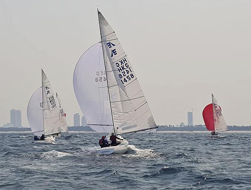 Heading downhill with Madness (HKG 1458) - Charlie Manzoni, Kevin Crandall, Jamie Boag, and Violet Fung photo copyright Southport Yacht Club taken at  and featuring the Etchells class