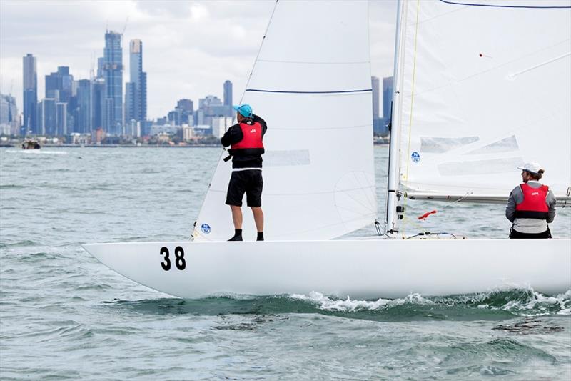 Changing the headsail luff on the Rat Pack – Grantham Kitto, Ethan Prieto-Low, and Bradley Moore - 2020 Etchells Australian Championship, final day photo copyright John Curnow taken at Royal Brighton Yacht Club and featuring the Etchells class