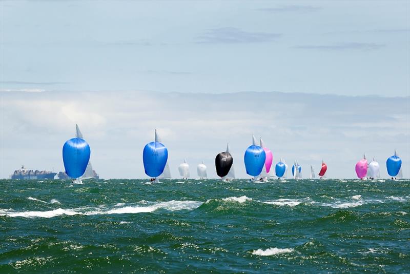 The fleet under kite – the wind built all afternoon as the cloud dissolved. Classic racing weather. - 2020 Etchells Australian Championship, final day photo copyright John Curnow taken at Royal Brighton Yacht Club and featuring the Etchells class