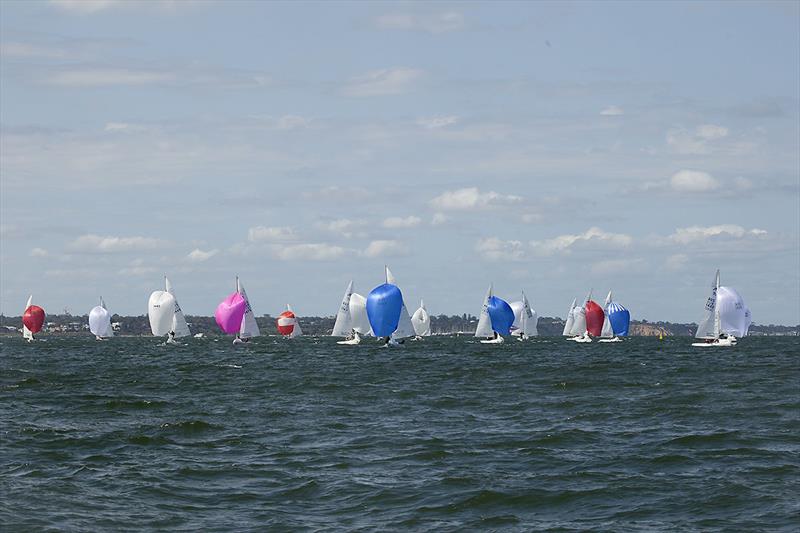 Part of the fleet heading back downhill with Black Rock in the background photo copyright John Curnow taken at Royal Brighton Yacht Club and featuring the Etchells class