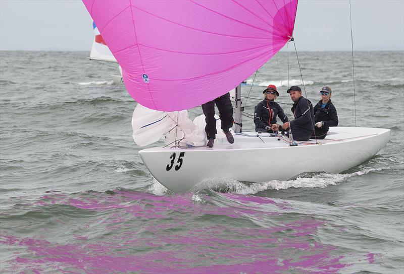 Flying High and that pink spinnaker – Jeanne-Claude Strong, Seve Jarvin, troy Tindal, and Kate Devereaux photo copyright John Curnow taken at Royal Brighton Yacht Club and featuring the Etchells class