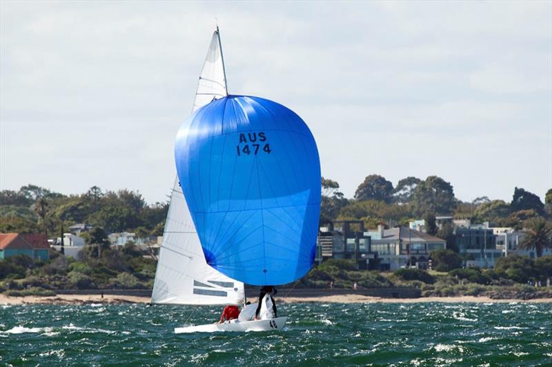 Magpie (Graeme Taylor, James Mayo, and Tom Slingsby) head out to the course in what was the windiest part of the day. - Etchells Victorian Championship 2020 photo copyright John Curnow taken at Royal Brighton Yacht Club and featuring the Etchells class