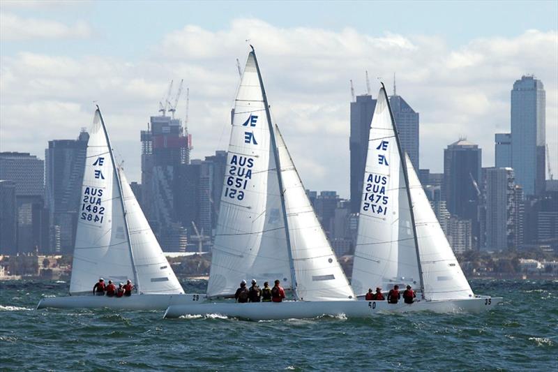 Three Four-Up crews off tuning up before the first start with the CBD in the background. Racer CC, On A Mission, and Flying High. - Etchells Victorian Championship 2020 photo copyright John Curnow taken at Royal Brighton Yacht Club and featuring the Etchells class
