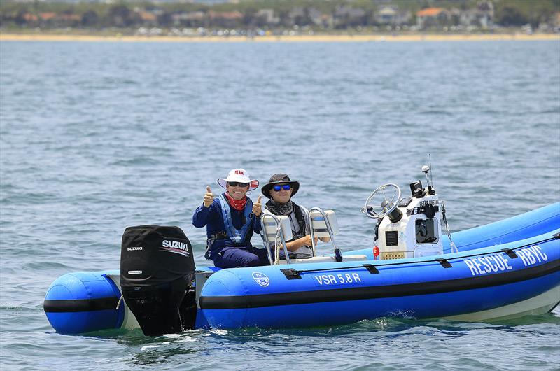 Adrian Finglas and Johny Rodgers keep an eye on the Etchells Fleet at the 2020 Australian Championship held at RBYC - photo © John Curnow