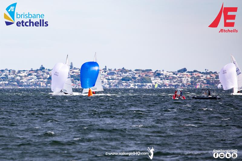 Lisa Rose and Tango coming into the bottom mark in Race 4 during the Etchells Winter Waterloo Cup at the Royal Queensland Yacht Squadron photo copyright Nic Douglass @sailorgirlhq taken at Royal Queensland Yacht Squadron and featuring the Etchells class