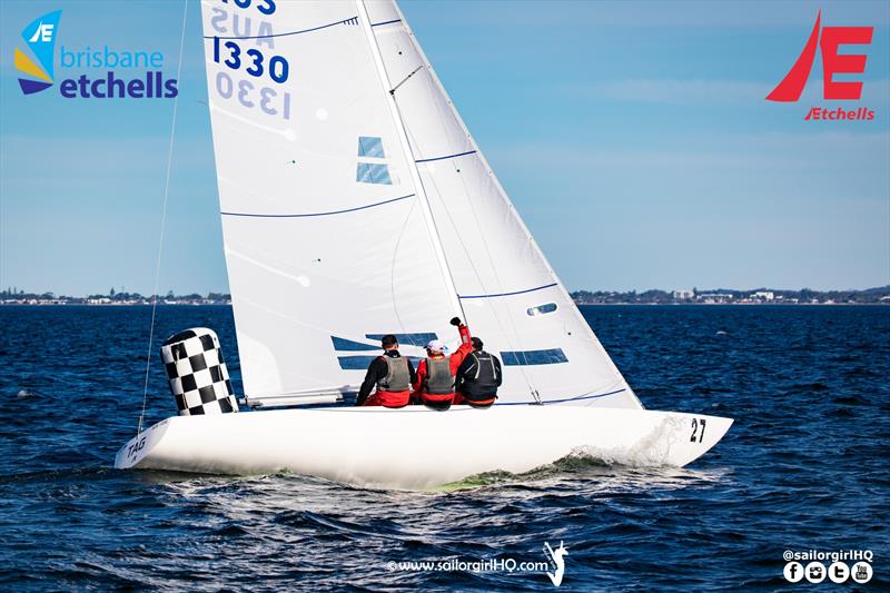 Lucas Down throws a fist in the air as TAG win Race 6 and secure the Etchells Winter Waterloo Cup at the Royal Queensland Yacht Squadron photo copyright Nic Douglass @sailorgirlhq taken at Royal Queensland Yacht Squadron and featuring the Etchells class