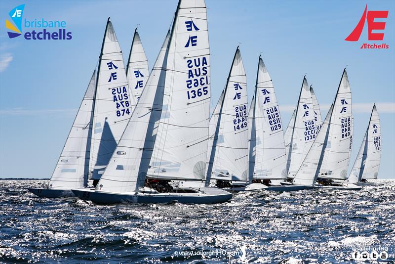 The fleet lines up for Race 1 of the Etchells Winter Waterloo Cup at the Royal Queensland Yacht Squadron photo copyright Nic Douglass @sailorgirlhq taken at Royal Queensland Yacht Squadron and featuring the Etchells class